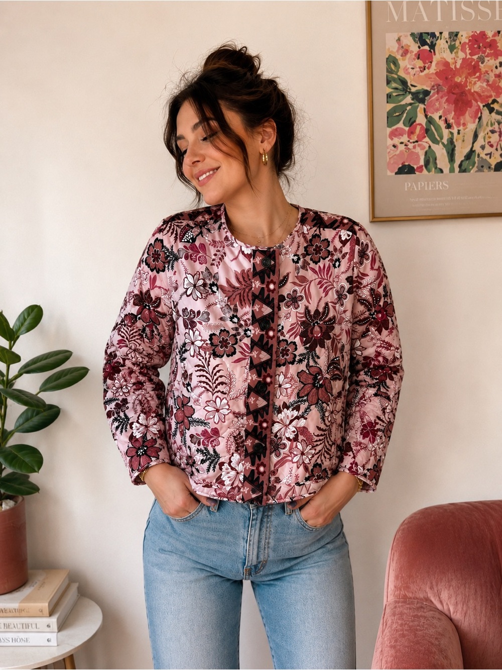 Sabrina Lauren Floral Quilted Jacket PXL Pink Boho Cottagecore Lightweight